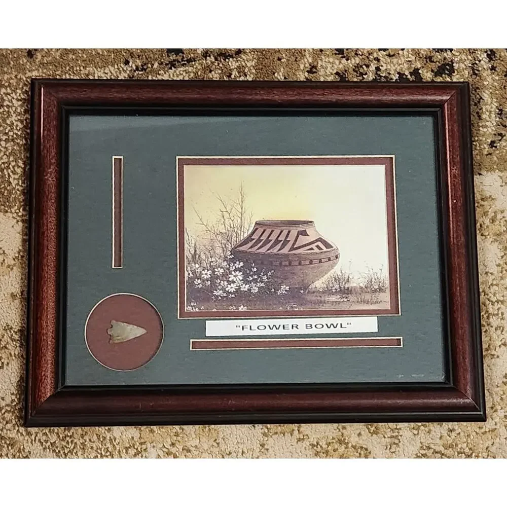 Native American Real Arrow Head and Matted Painting Framed Flower Bowls - Picture 5 of 7